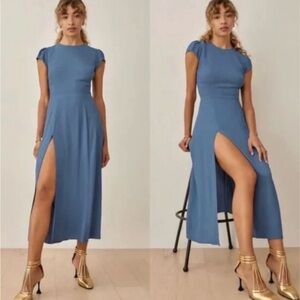Reformation Blue Midi Dress with Open Back & High Slit Size XS